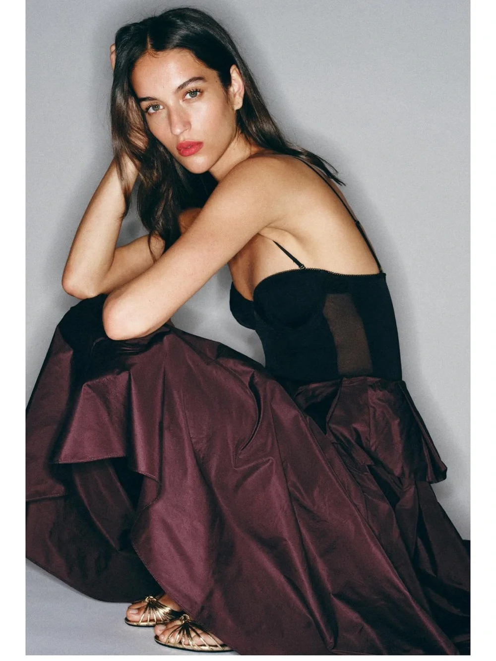 Zara Women's Burgundy Satin High-Low Ruffle Skirt ( skirt only)